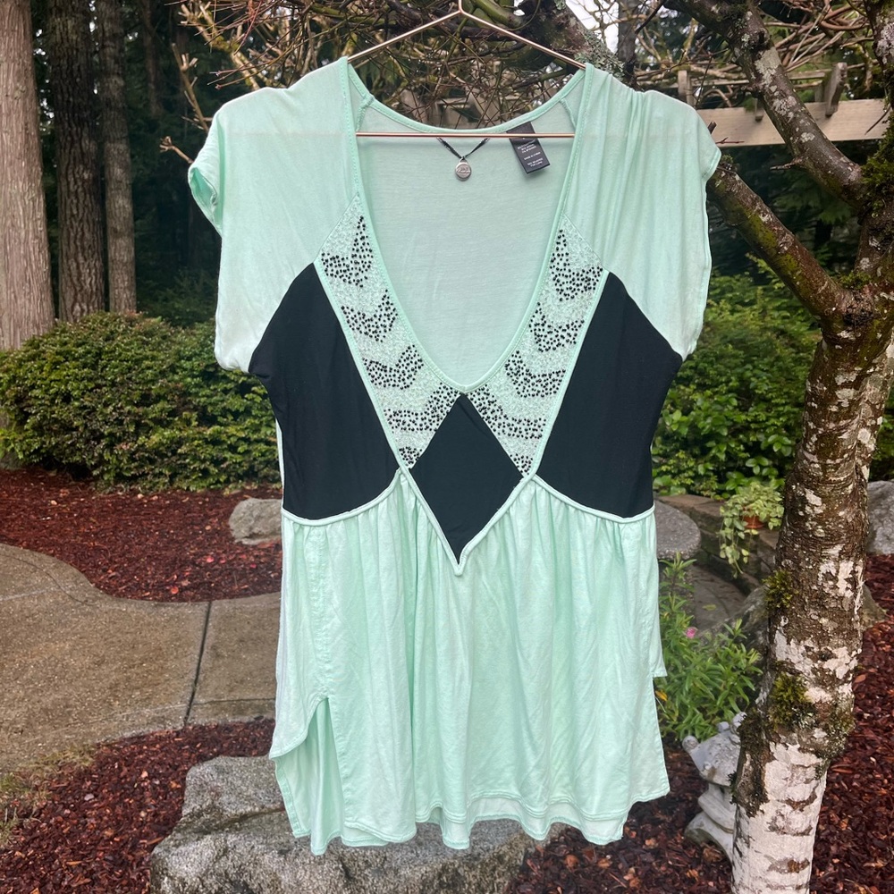 💚✨ Mint & Black Embellished Babydoll Top ✨💚